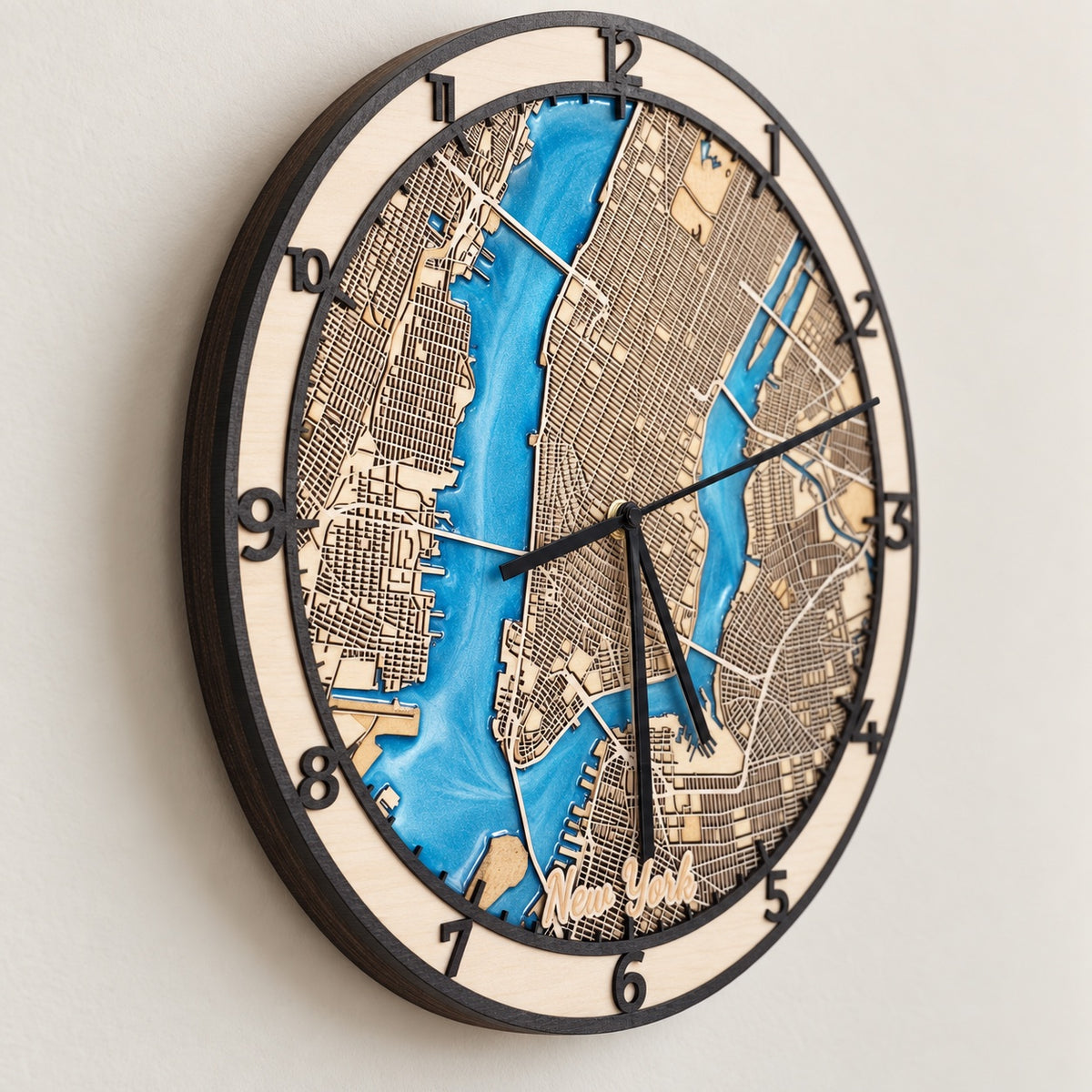 Personalized Wooden City Map Wall Clock with Epoxy Resin