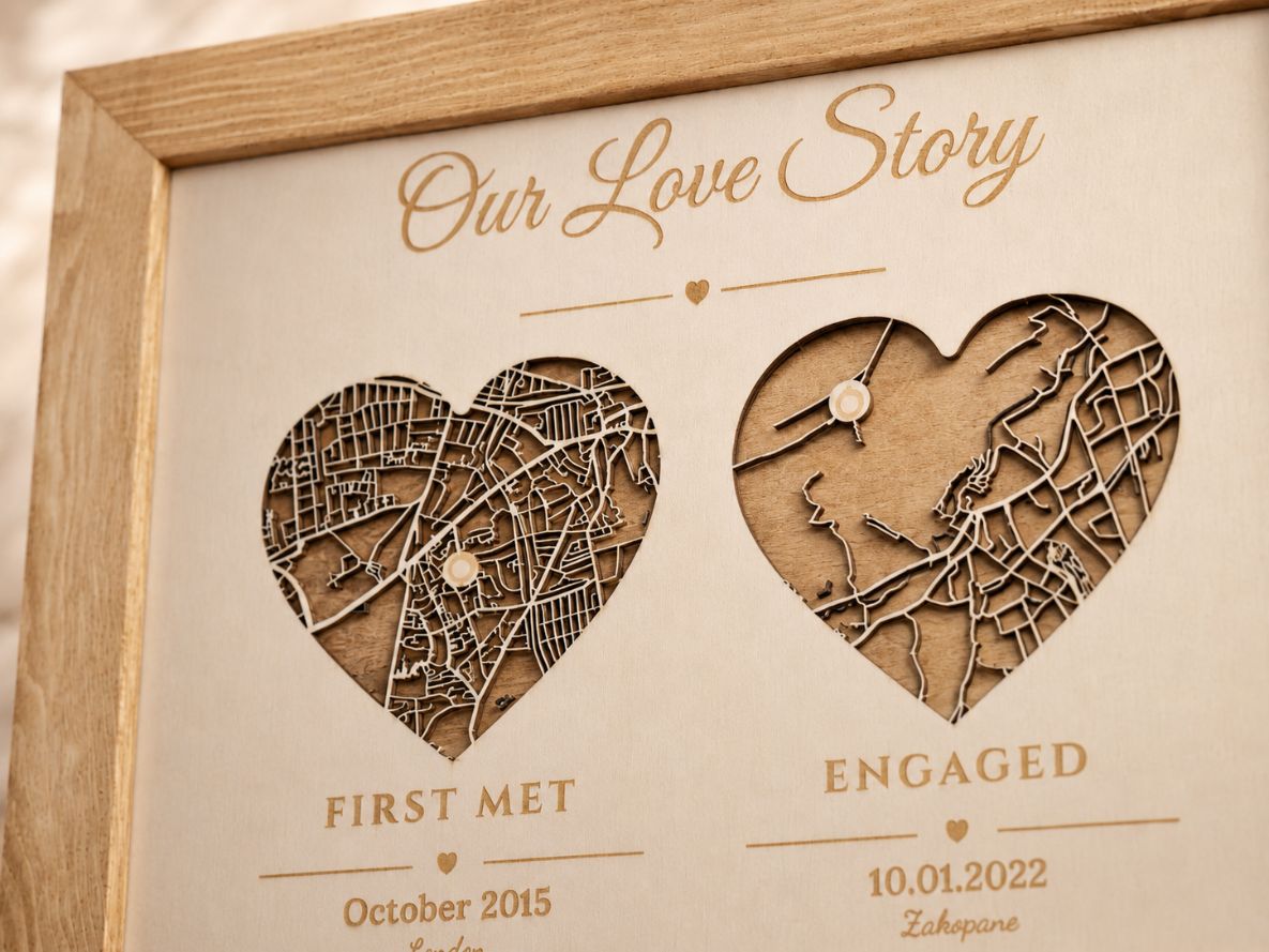 Met Engaged Married - Three Hearts Wooden Map | Wedding Gift