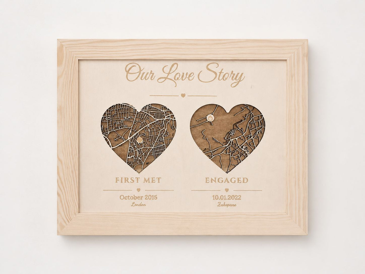 Met Engaged Married - Three Hearts Wooden Map | Wedding Gift