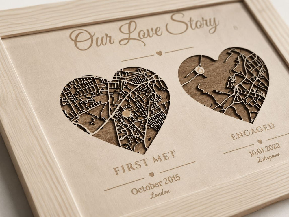 Met Engaged Married - Three Hearts Wooden Map | Wedding Gift