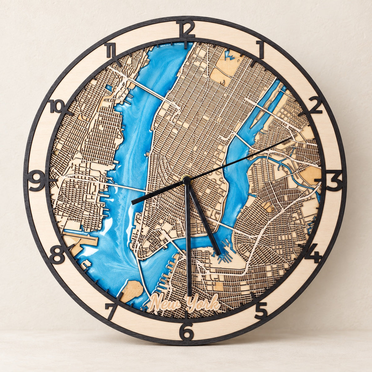 Personalized Wooden City Map Wall Clock with Epoxy Resin