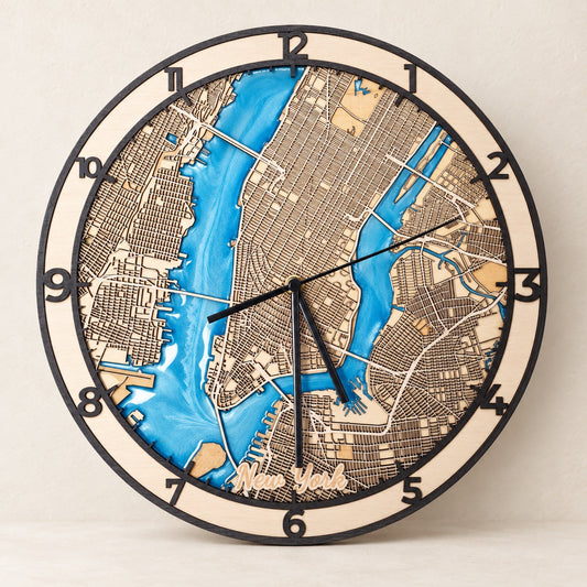 Personalized Wooden City Map Wall Clock with Epoxy Resin