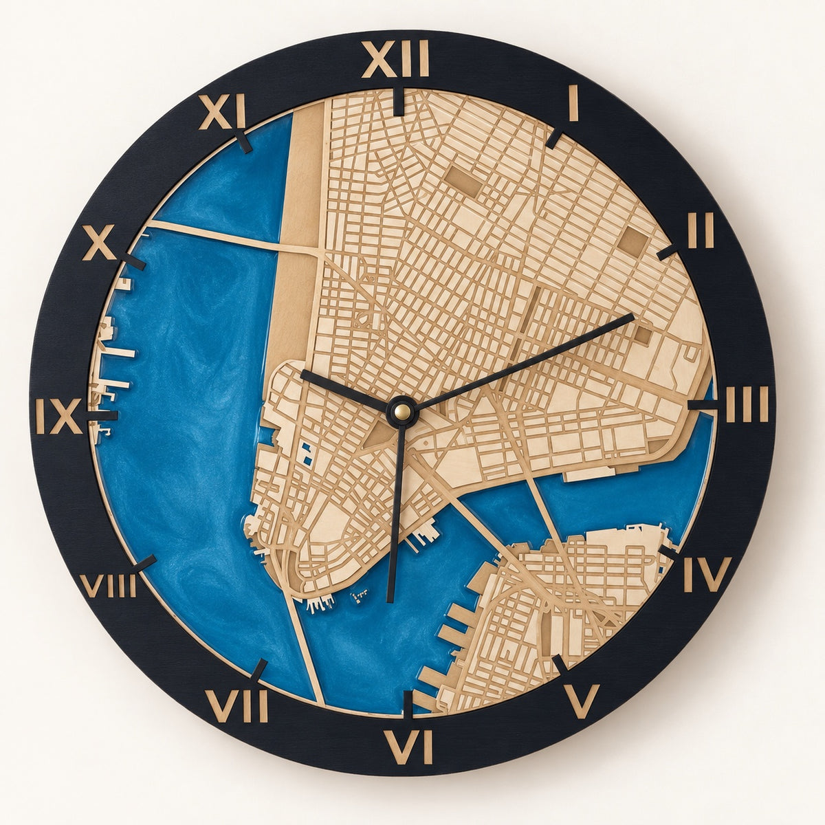 Personalized Wooden City Map Wall Clock with Epoxy Resin