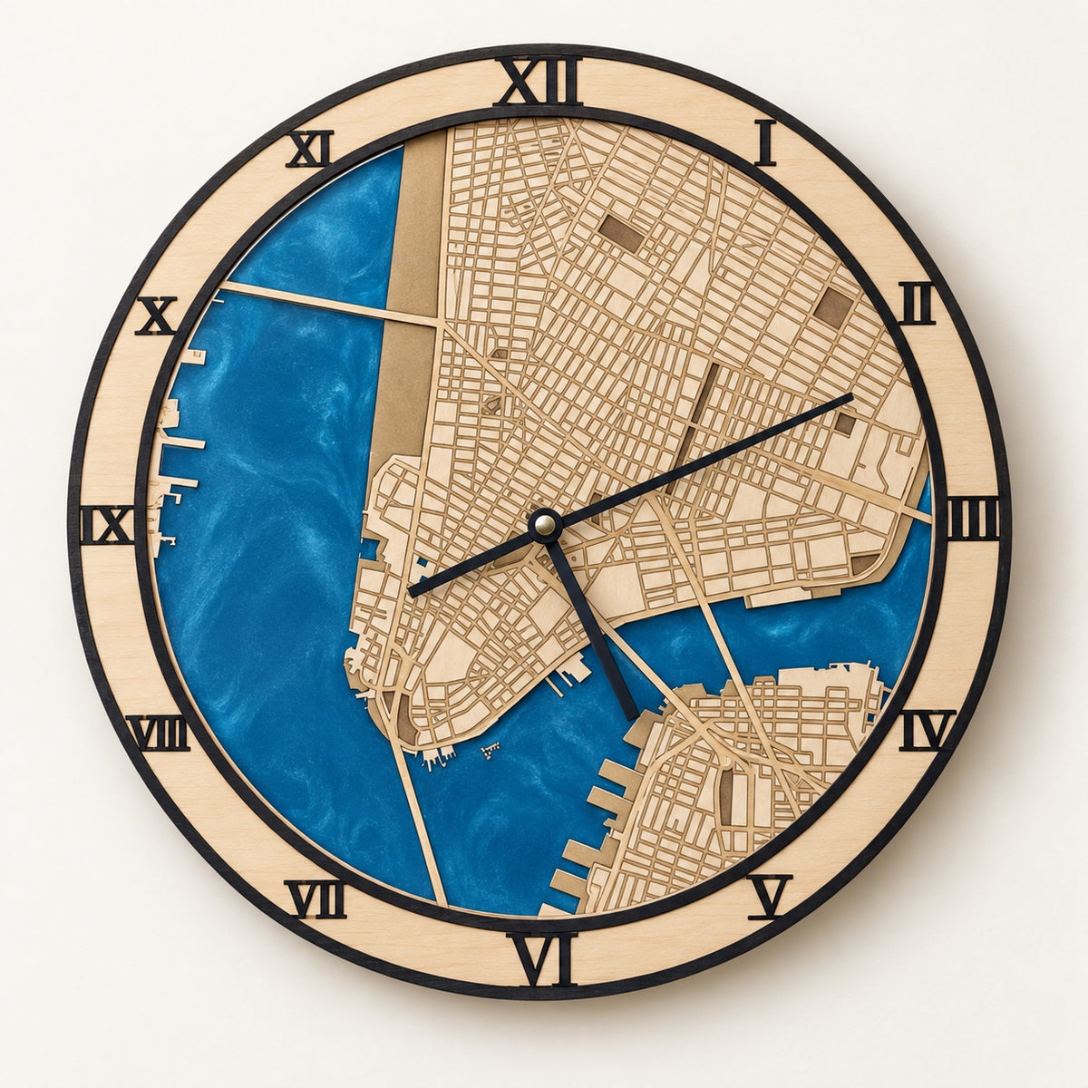 Personalized Wooden City Map Wall Clock with Epoxy Resin