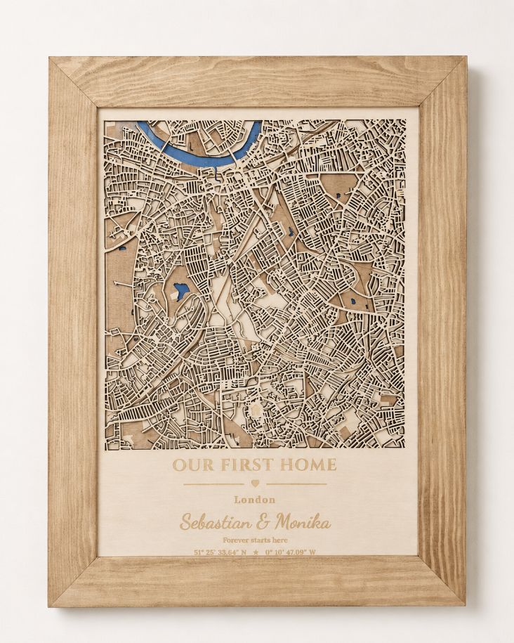 Our First Home - Wooden Map with Engraved Message | Housewarming