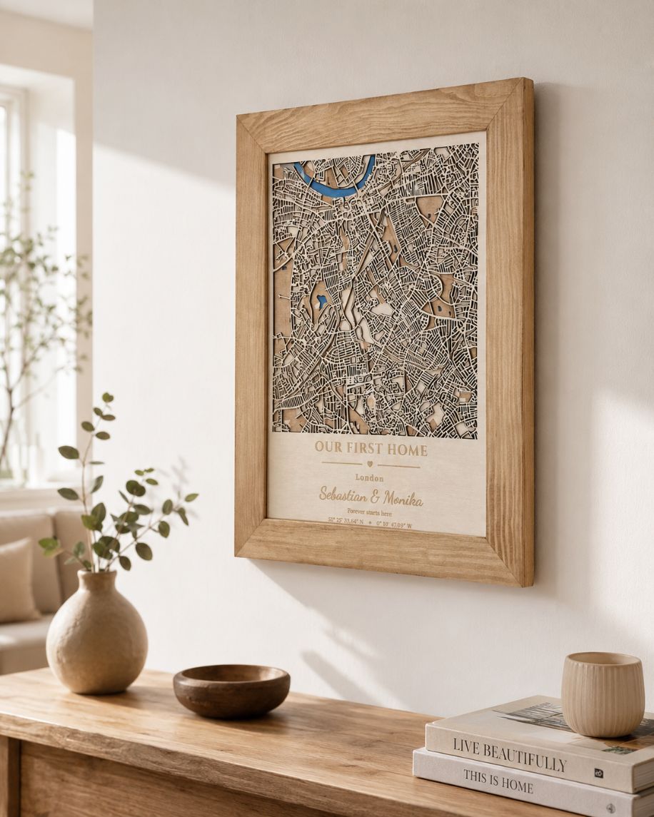 Our First Home - Wooden Map with Engraved Message | Housewarming
