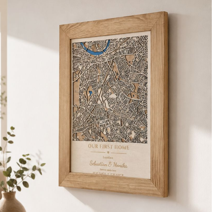 A framed vintage-style street map print hanging on a light wall above a wooden console table with a vase, bowl, and books in a softly lit room.