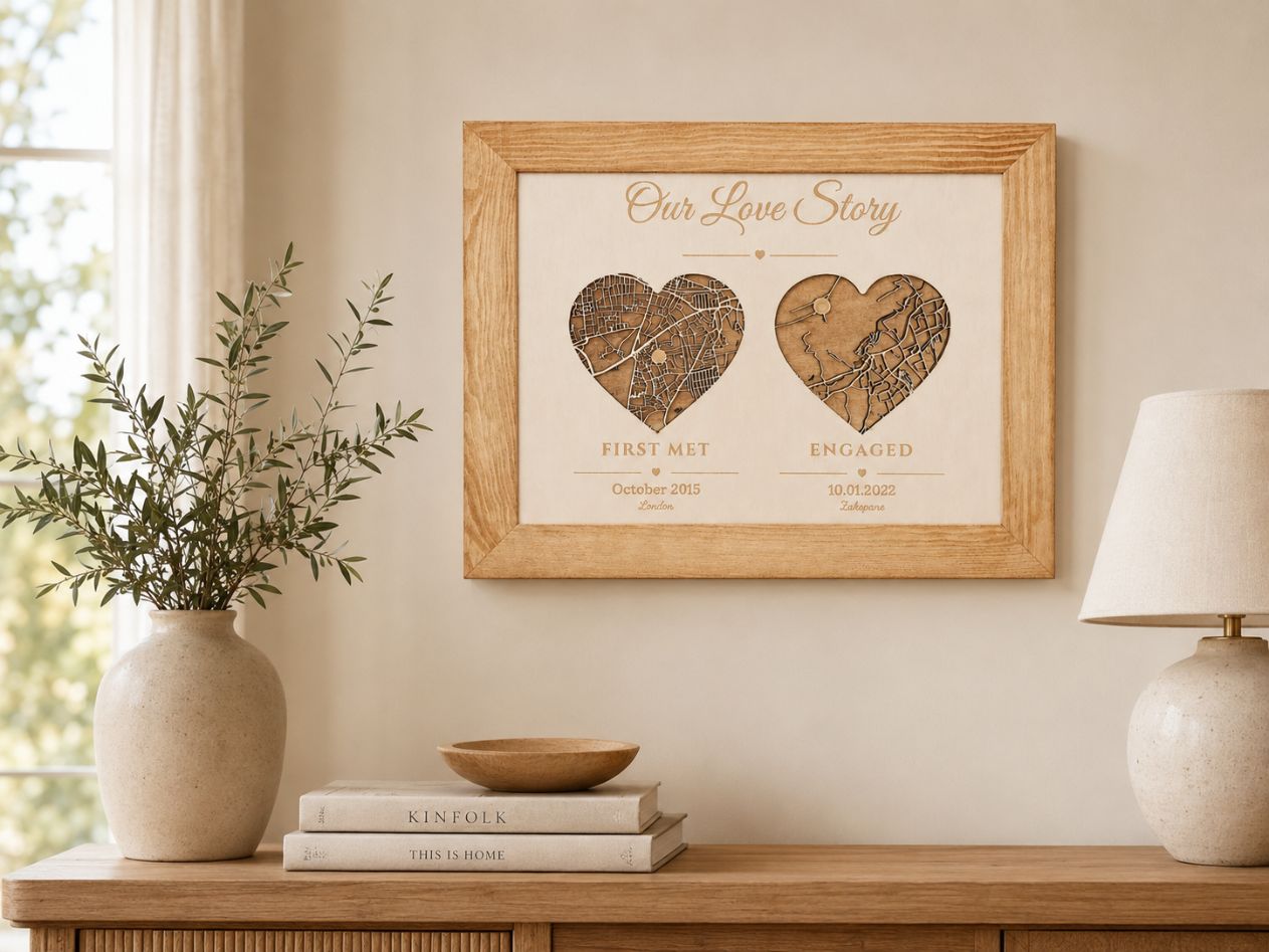 Met Engaged Married - Three Hearts Wooden Map | Wedding Gift