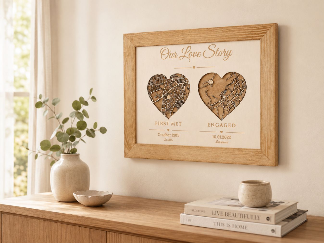 Met Engaged Married - Three Hearts Wooden Map | Wedding Gift