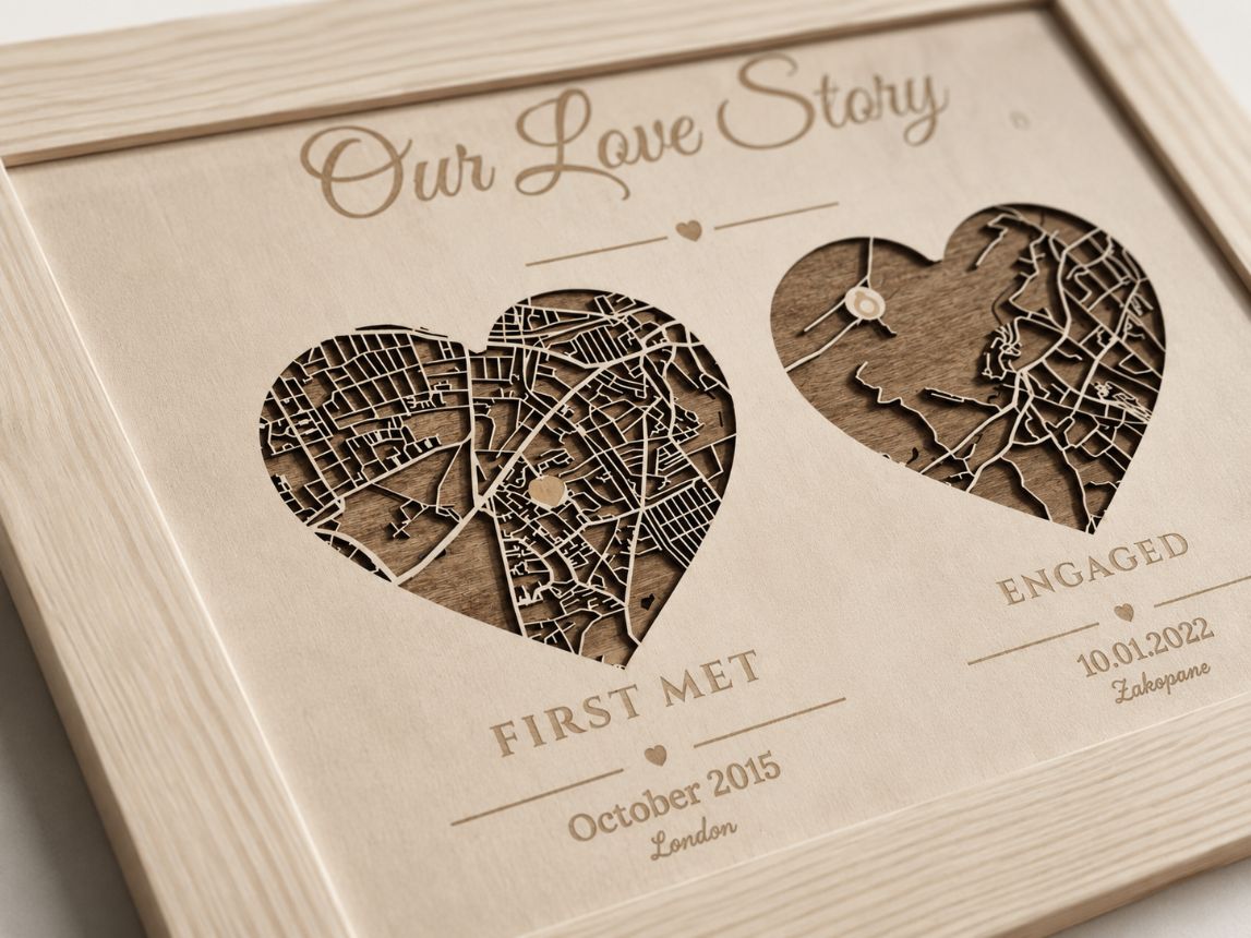 Met Engaged Married - Three Hearts Wooden Map | Wedding Gift