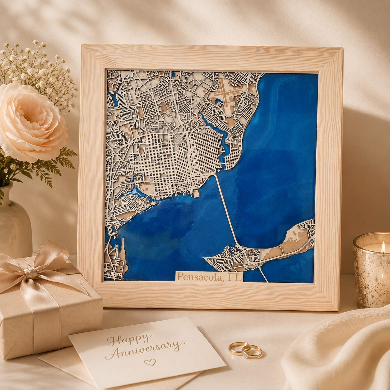 A framed wooden city map of Pensacola, Florida, with a deep blue water-based background and light wood grain, styled on a beige surface with an anniversary card, rings, a gift box, and flowers.