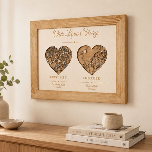 A framed personalized wooden map print titled 'Our Love Story' hangs on a cream wall above a wooden console table. The print features two heart-shaped map cutouts with engraved details, one labeled 'FIRST MET' and the other 'ENGAGED'.