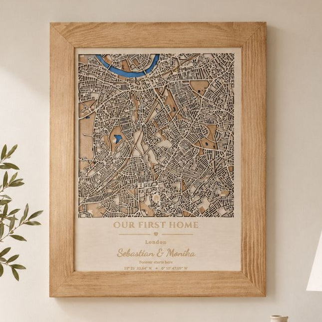 Our First Home - Wooden Map with Engraved Message | Housewarming